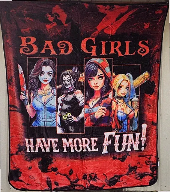 BAD GIRLS HAVE MORE FUN HORROR HARLEY QUINN ANIME QUEEN SIZE BLANKET BEDSPREAD
