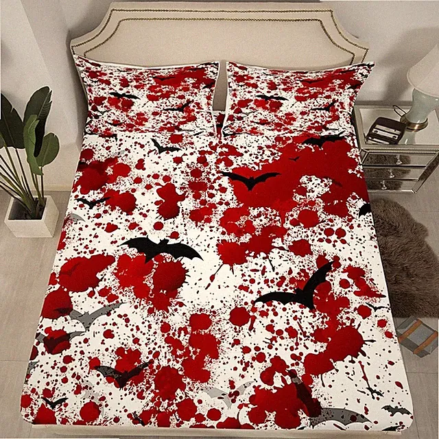 Black Bat Fitted Sheet Twin Size,Red Tie-dye Graffiti Bedding Set 2Pcs,Horror...