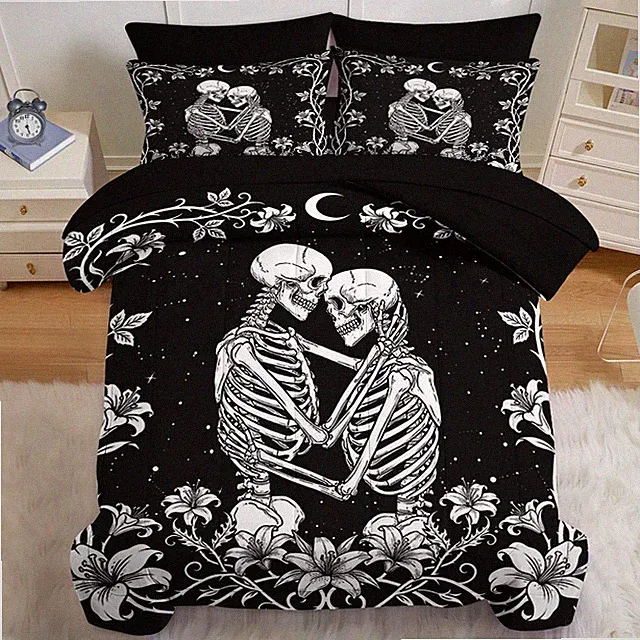 Comforter Set Queen Size, Gothic Kissing Skeleton Lover 7 Pcs Bedding for and...