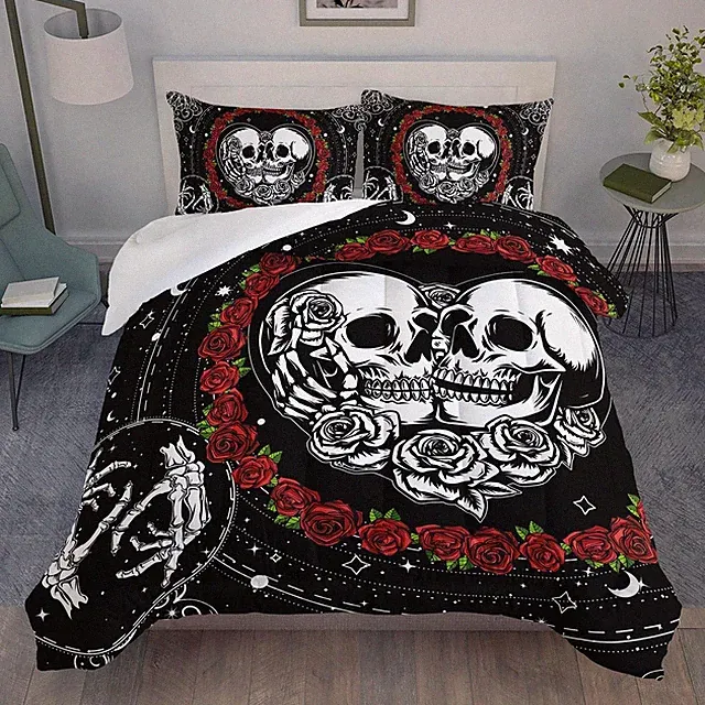 Comforter Set Queen Size, Skull and Love 3 Pcs Bedding for Kids and Adults