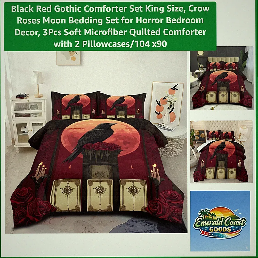 Gothic Comforter Set King Size - 3Pc Skull Roses Moon Bedding for Horror Decor
