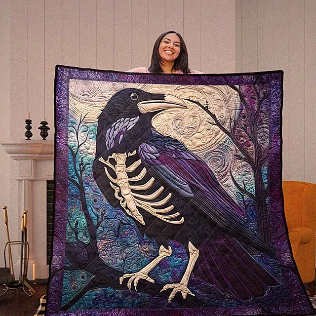 Gothic Raven Skeleton Quilt Blanket Halloween Crow Throw Spooky Horror Bird Deco