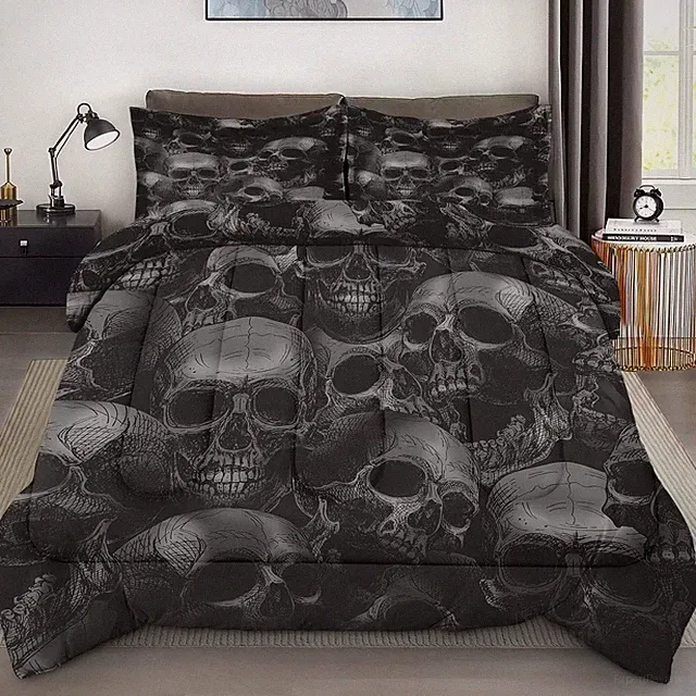Gothic Skull Queen Comforter Set - 3-Pc Bedding with 2 Pillowcases