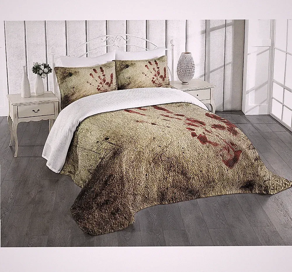 Horror House Quilted Bedspread & Pillow Shams Set, Bloddy Dirty Hand Print