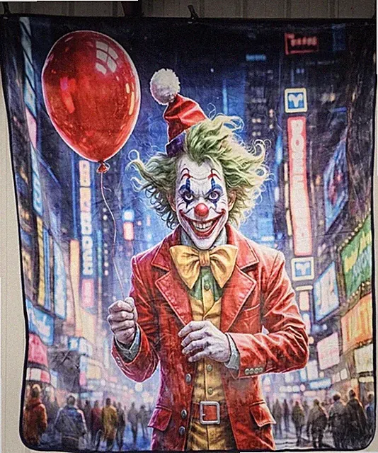 JOKER JESTER CLOWN BALLOON CITY NIGHT HORROR SCARY QUEEN BLANKET BEDSPREAD