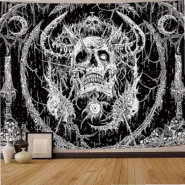 Lifeella Skull Tapestry, Gothic Horror Moon 48L" x 36W", Black