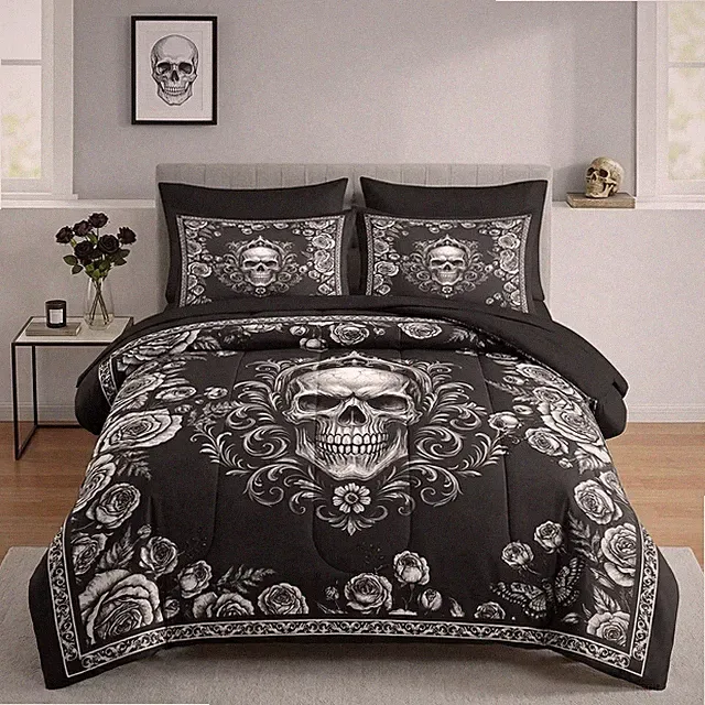 Nesker 7 Pcs Comforter Set Queen Size, Rose Gothic Skeleton Bedding Set for Kids