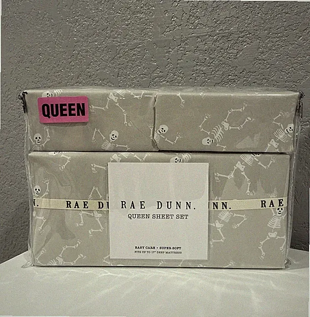 Rae Dunn Queen Size Sheets Halloween Dancing Skeletons Gray