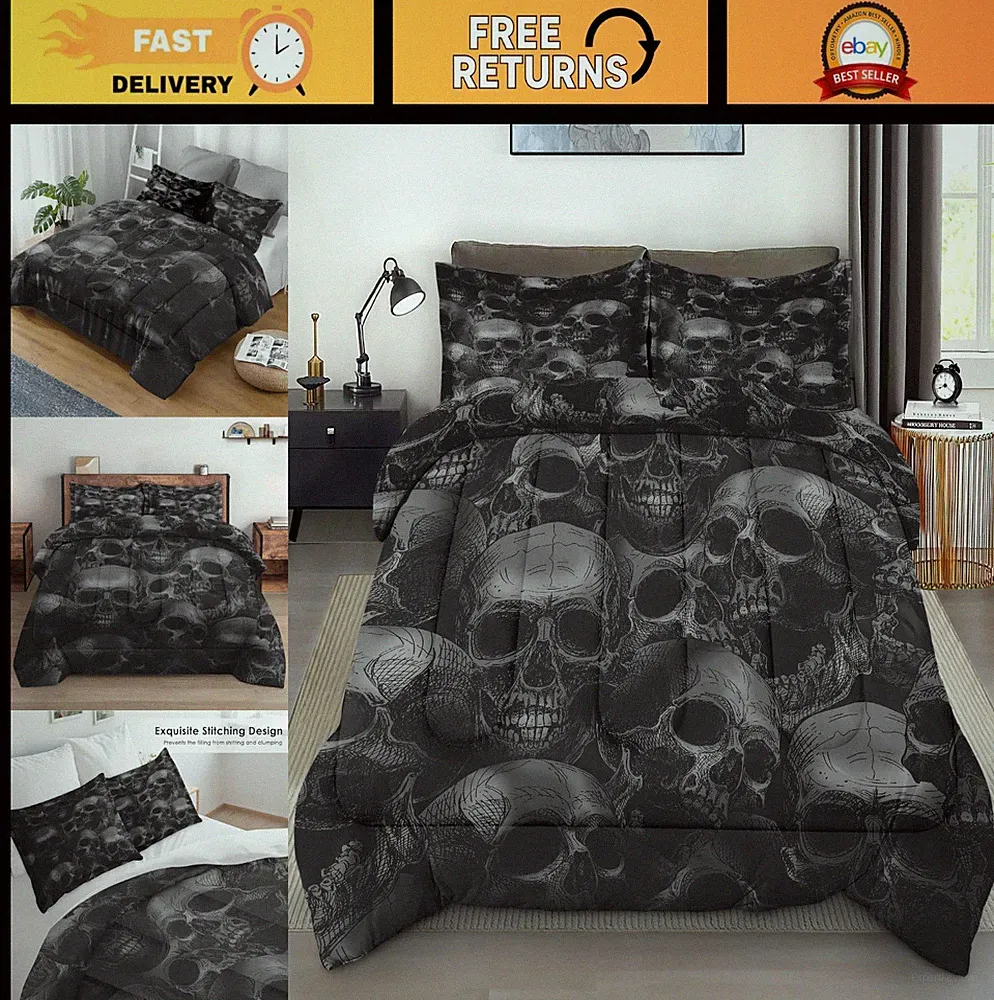 Skull Skeleton Comforter Set Full Size - 3 Pcs Soft Bedding, Gothic Horror Decor