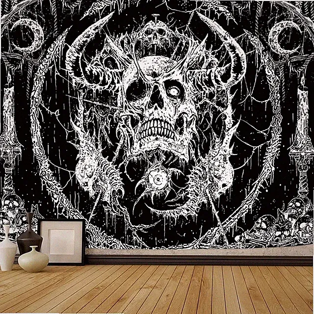 Skull Tapestry, Gothic Horror Moon Skeleton Mystic Dark Tapestries for Bedroo...