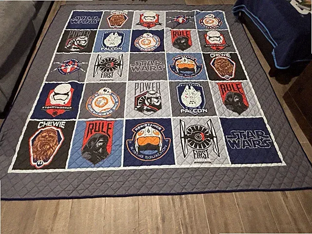 Star Wars Quilt & Shams Set Blue Grey Character Grid Chewbacca Stormtrooper BB-8